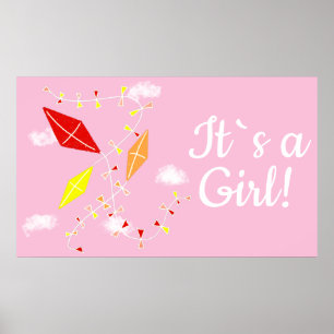 Kites in Sky Pink It`s a Girl Baby Shower Poster