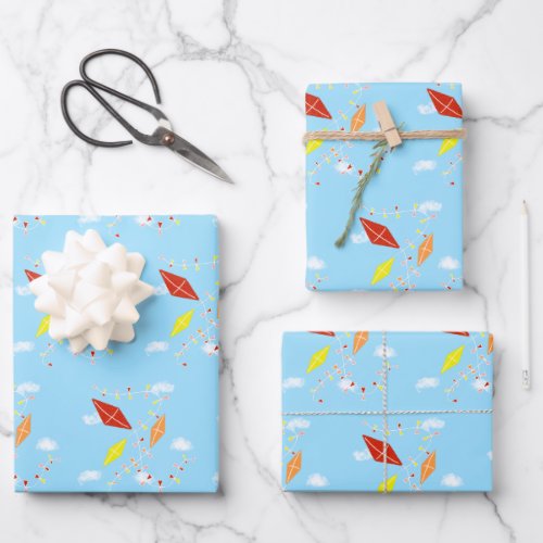 Kites in the Sky Blue Pattern Kids Wrapping Paper Sheets