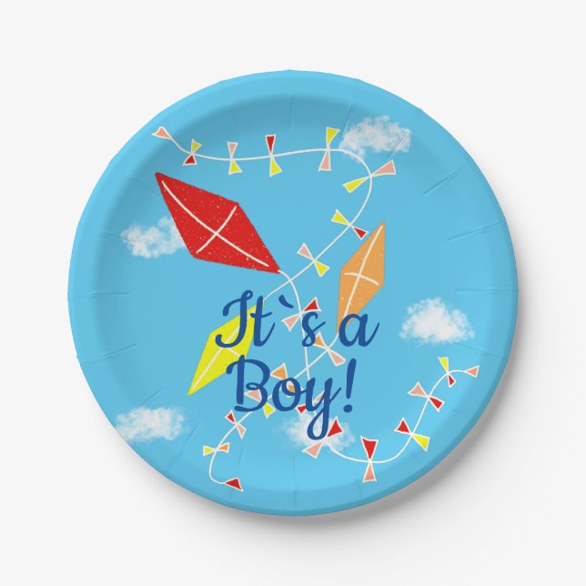 Kites in the Sky It`s a Boy Baby Shower Party Paper Plates (Front)