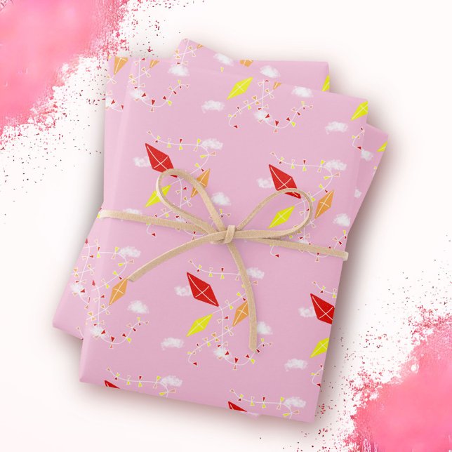 Kites in the Sky Pink Pattern Girl Wrapping Paper Sheets (Creator Uploaded)