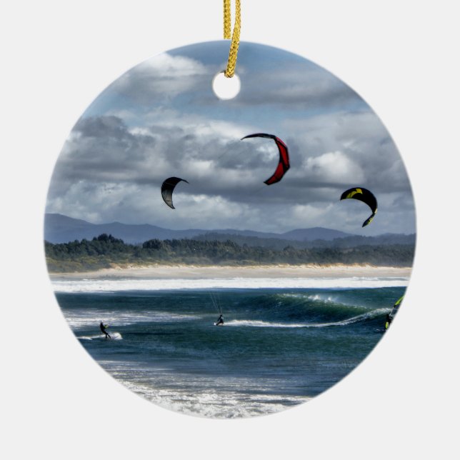 Kitesurfing on beach ceramic ornament (Front)