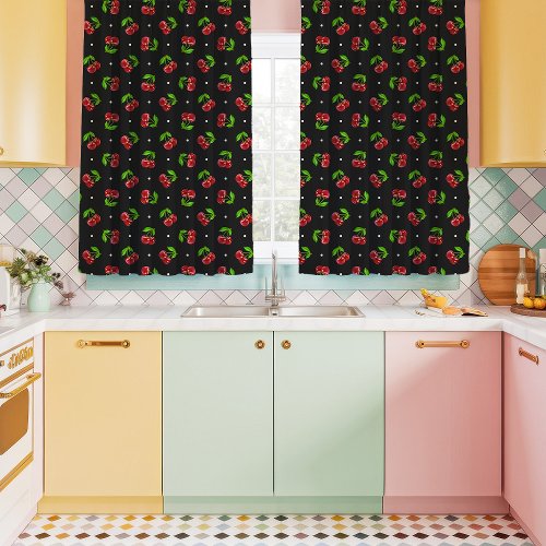 Kitsch Black Polka Dot Cherries Kitchen Curtains