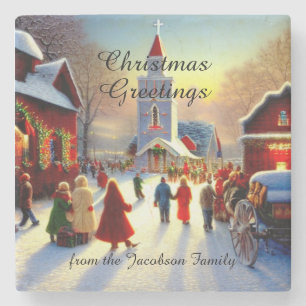 Kitsch Christmas Greetings Village Churchgoers Stone Coaster
