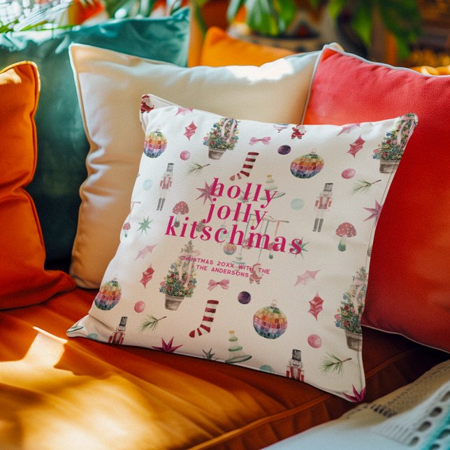 Kitsch Christmas | Retro Holly Jolly Holiday Throw Pillow (Creator Uploaded)