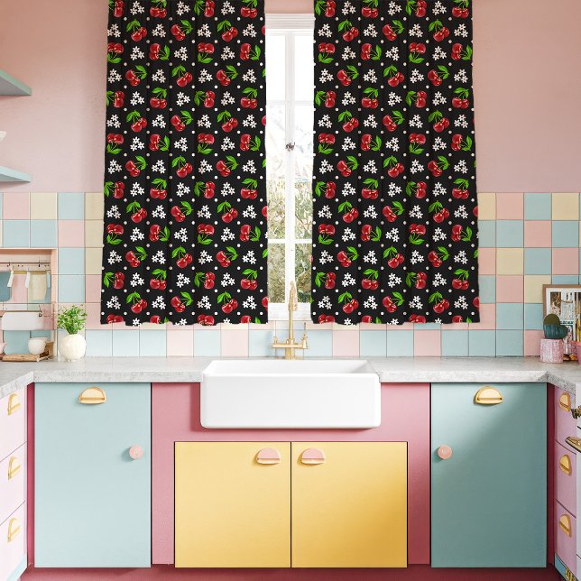 Kitsch Floral Cherries Black Kitchen Curtains (Creator Uploaded)