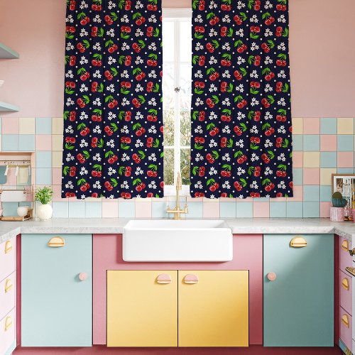 Kitsch Floral Cherries Navy Kitchen Curtains