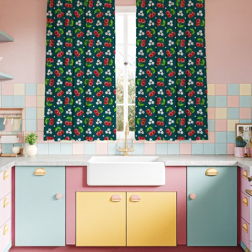 Custom Window Curtains 4 Kitsch Floral Cherries Teal Kitchen Curtains