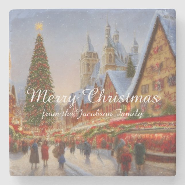 Kitsch Nostalgic German Market Merry Christmas Stone Coaster (Front)