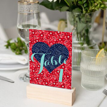 Kitsch Red & Blue Country Wedding Party Table Number by Ohhhhilovethat at Zazzle