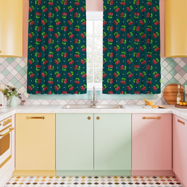Kitsch Teal Polka Dot Cherries Kitchen Curtains (Creator Uploaded)