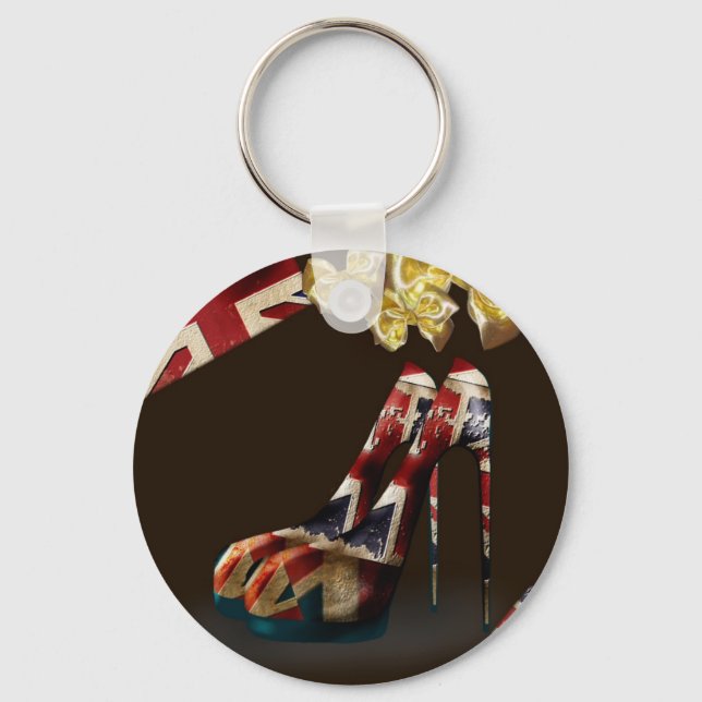 Kitsch Union Jack Stiletto Shoes and gold bow gift Keychain (Front)