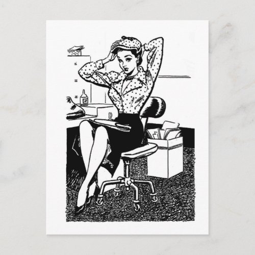 Kitsch Vintage Cartoon Pin_Up Office Girl Postcard