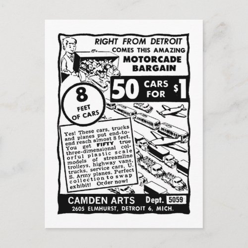 Kitsch Vintage Comic Book Toy Ad 50 Cars for 1 Postcard