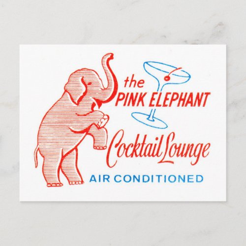 Kitsch Vintage Pink Elephant Cocktail Lounge Postcard