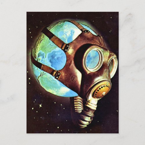 Kitsch Vintage Polluted Earth Gas Mask Postcard