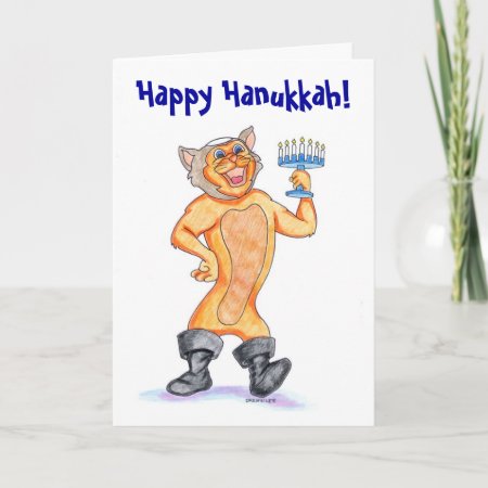 Kitschy Happy Hanukkah Cartoon Cat Card