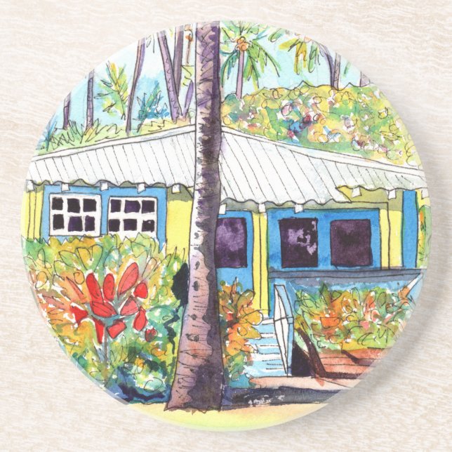 Kitschy Hawaii Tropical House Sandstone Coaster (Front)