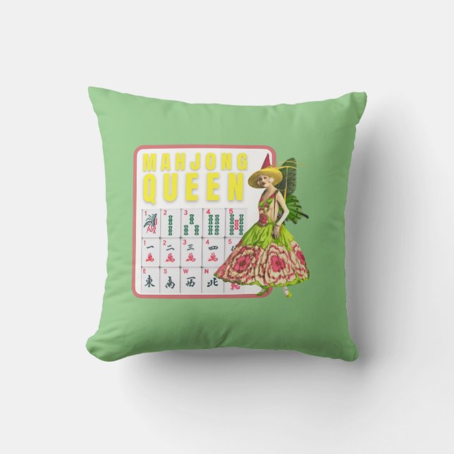 Kitschy Mahjong Queen  Throw Pillow (Front)