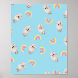 Kitschy Pastel Aesthetic Cat Kitten Rainbows Blue  Poster