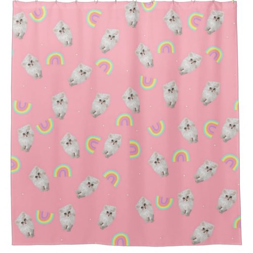 Kitschy Pastel Aesthetic Cat Kitten Rainbows Pink  Shower Curtain