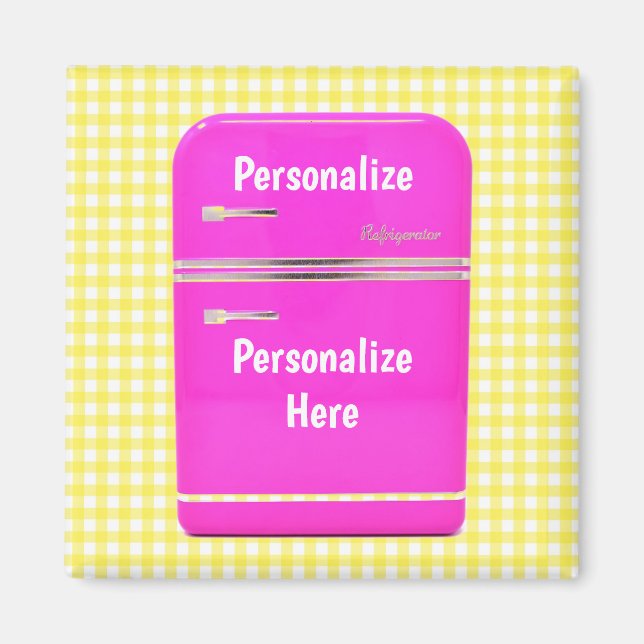 Kitschy pink refrigerator yellow gingham vintage magnet (Front)