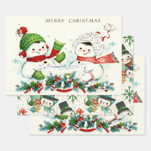 Kitschy Retro Snowmen Wrapping Paper Sheets