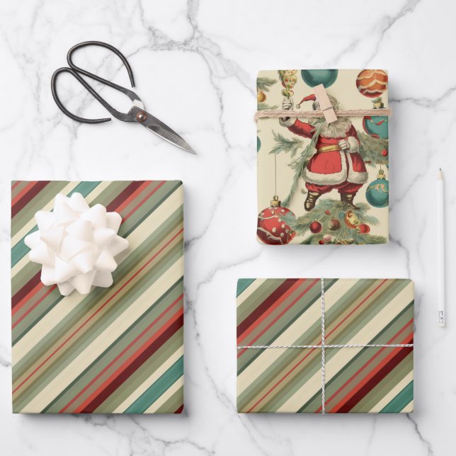 Kitschy Santa and Ornaments Complimentary Stripes Wrapping Paper Sheets (Front)