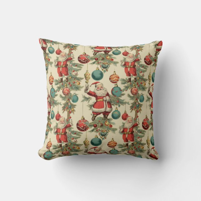 Kitschy Santa and Ornaments Throw Pillow (Front)