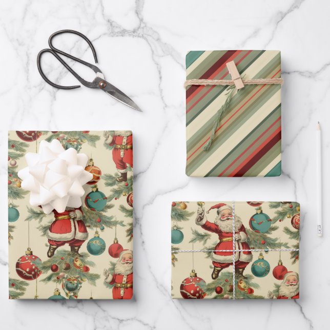 Kitschy Santa and Ornaments Wrapping Paper (Front)