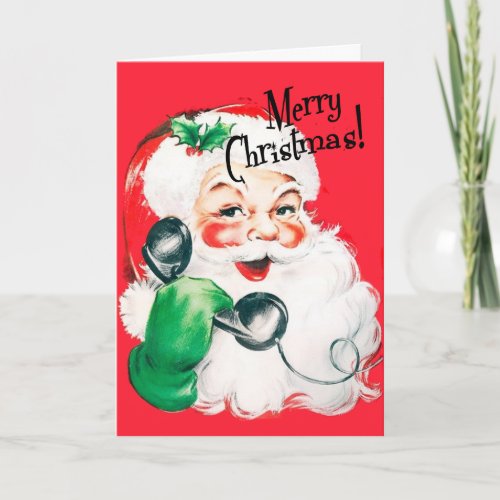 Kitschy Santa Claus on the Phone Merry Christmas Holiday Card