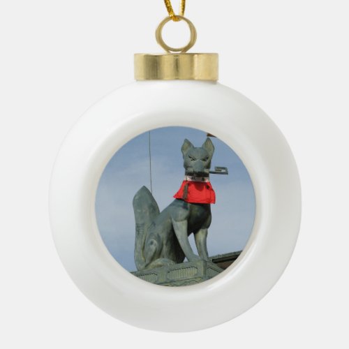 Kitsune キツネ Fox with Key in Mouth Ceramic Ball Christmas Ornament