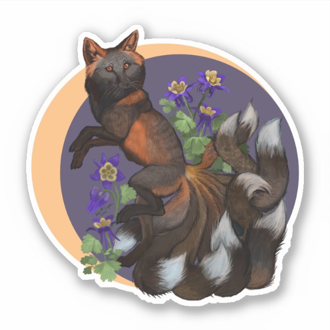 Kitsune and Columbine Flowers Sticker (Front)