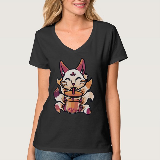 Kitsune Boba Japanese Bubble Tea Cute Fox T-Shirt (Front)