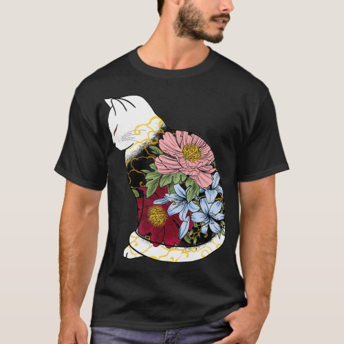 Kitsune cat with colorful koi fish and flowers zen T_Shirt