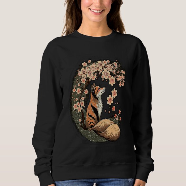 Kitsune Fox Japanese Nine Tailed Fox Cherry Blosso Sweatshirt (Front)