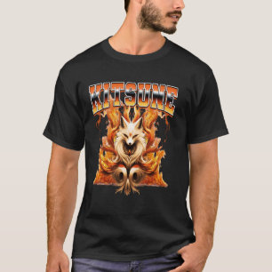 Kitsune Fox Mask Flames 90s Bootleg Style T-Shirt