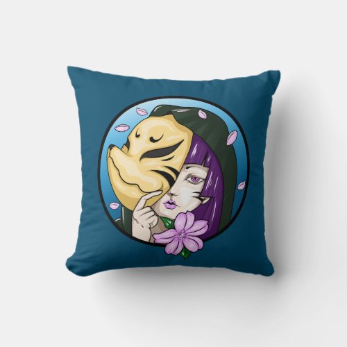 Kitsune Fox Mask Girl blue Throw Pillow