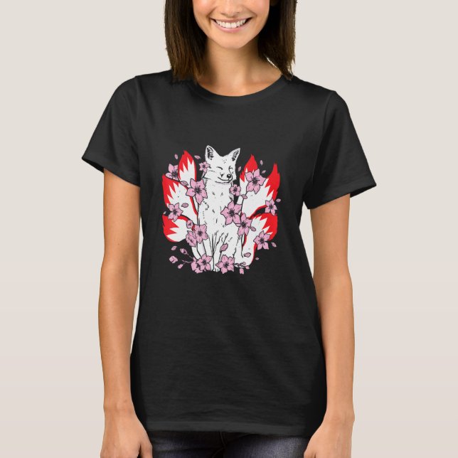 Kitsune fox with japanese kitsune and cherry bloss T-Shirt (Front)