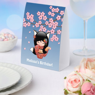 Kitsune Kokeshi Doll Black Fox Geisha Blue Paper Table Tent