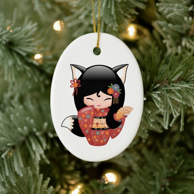 Kitsune Kokeshi Doll - Black Fox Geisha Ceramic Ornament (Tree)
