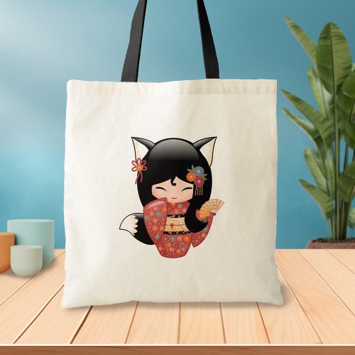 Kitsune Kokeshi Doll _ Black Fox Geisha Girl 2 Tote Bag