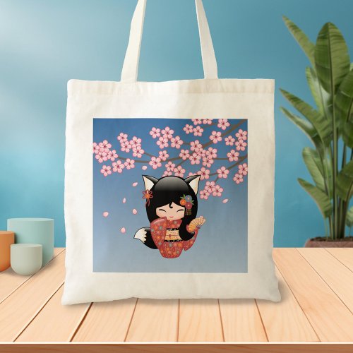 Kitsune Kokeshi Doll _ Black Fox Geisha Girl 2 Tote Bag