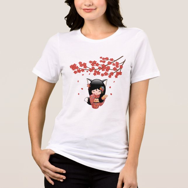 Kitsune Kokeshi Doll Black Fox Geisha Girl Blue Tri-Blend Shirt (Front)