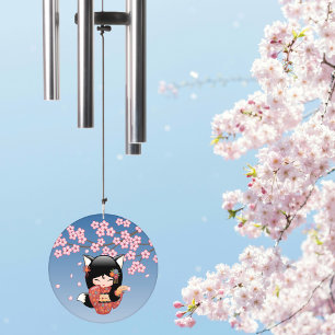 Kitsune Kokeshi Doll Black Fox Geisha Girl Blue Wind Chime