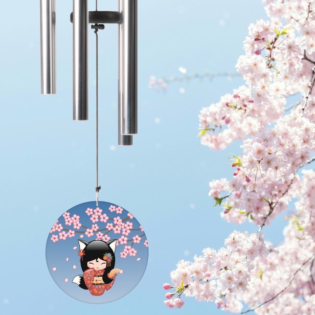 Kitsune Kokeshi Doll Black Fox Geisha Girl Blue Wind Chime (Creator Uploaded)