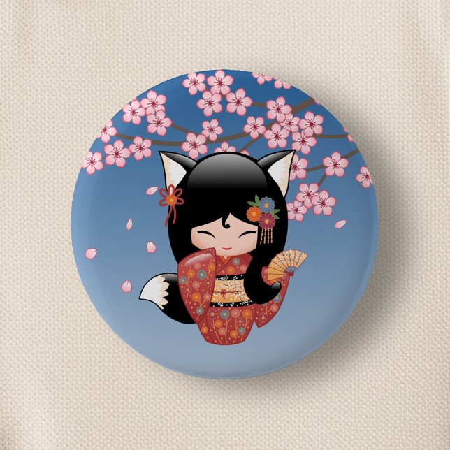 Kitsune Kokeshi Doll - Black Fox Geisha Girl Button (Creator Uploaded)