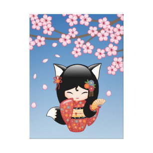 Kitsune Kokeshi Doll - Black Fox Geisha Girl Canvas Print
