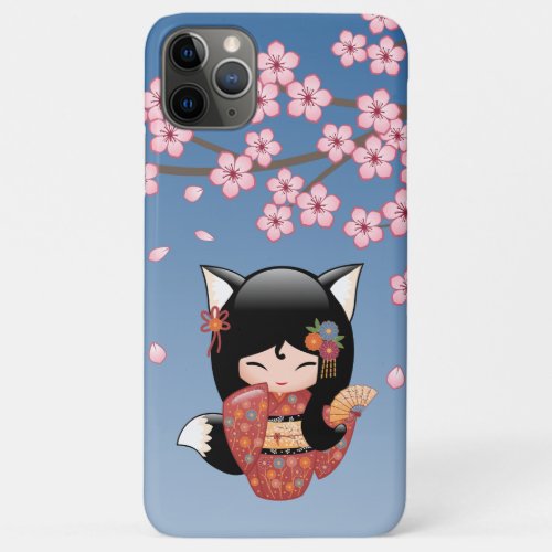 Kitsune Kokeshi Doll _ Black Fox Geisha Girl iPhone 11 Pro Max Case