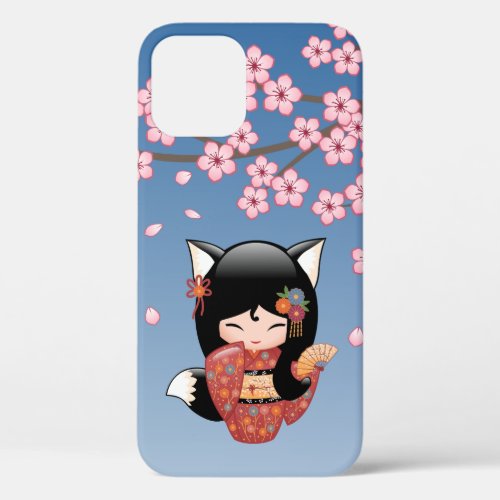 Kitsune Kokeshi Doll _ Black Fox Geisha Girl iPhone 12 Case