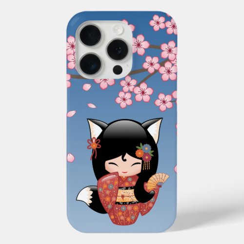 Kitsune Kokeshi Doll _ Black Fox Geisha Girl iPhone 15 Pro Case